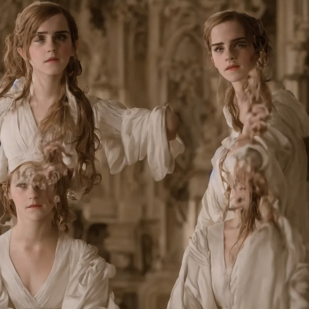 Prompt: closeup centre frame Emma Watson long hair flowing robes baroque room cinematic lighting stanley kubrick barry lyndon 4k canon 5d mk4