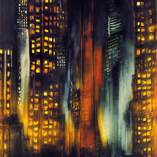 Image similar to turbulent by arturo souto, by peter coulson pixar. print. a beautiful, but eerie, illustration of a cityscape at night. the buildings are all tall & thin, & they are lit up by a strange light. the sky is deep & dark & there are no stars to be seen.