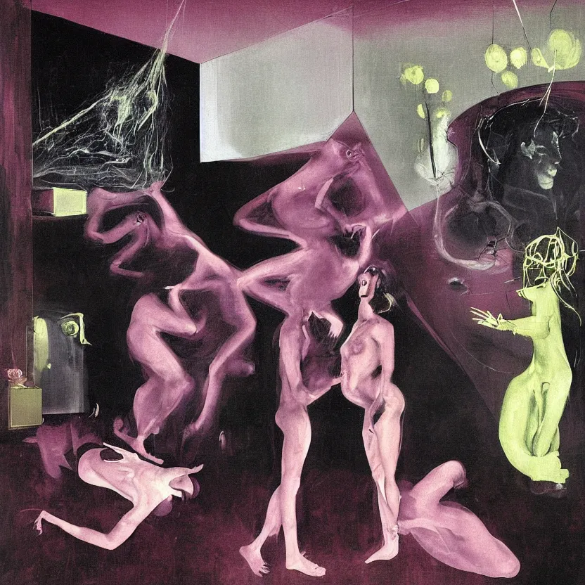 Image similar to Man and woman start to bounce in a living room of a house, floating dark energy surrounds the middle of the room. There is one living room plant to the side of the room, surrounded by a background of dark cyber mystic alchemical transmutation heavenless realm, cover artwork by francis bacon and Jenny seville, midnight hour, part by adrian ghenie, part by jeffrey smith, part by josan gonzales, part by norman rockwell, part by phil hale, part by kim dorland, artstation, highly detailed