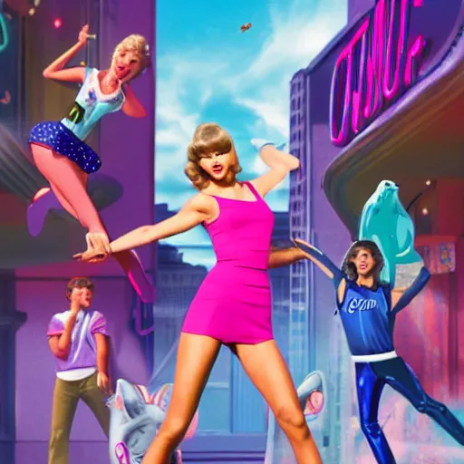 Prompt: Taylor Swift as Olivia Newton John in Grease as Lola Bunny in Space Jam (1996), colorful, fun, photorealistic, detailed, by Alan Moore Asher Duran, Tooth Wu ((Greg Rutkowski)), octane render