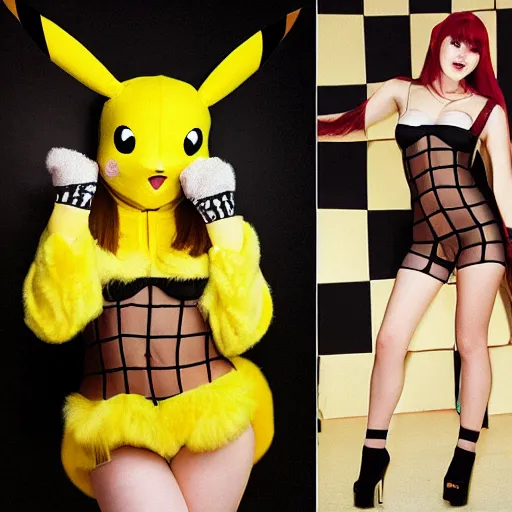 Image similar to attractive girl wearing a mesh costume of pikachu and fishnet stockings, by David Hamilton and Sasha Grey, photography