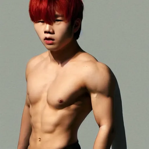 Image similar to a blond korean 2 0 year old man with large muscles and abs