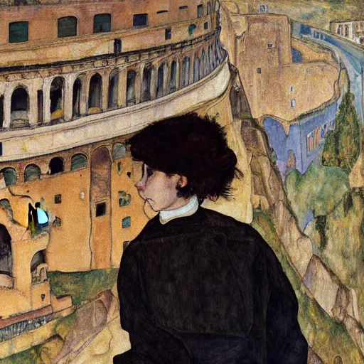 Image similar to a highly detailed painting by egon schiele of a young woman with black hair having an existential crisis on a terrace overlooking the colosseum, 4 k