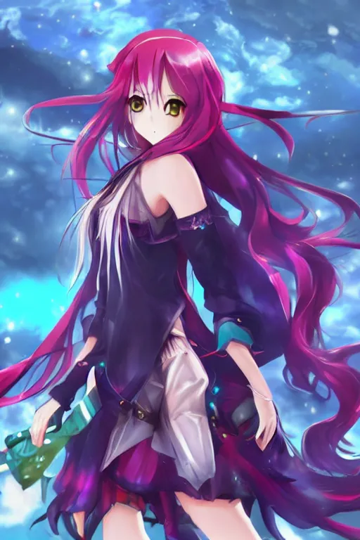 Prompt: attractive anime girl, ruby hair, wavy hair, style in exo heroes mix afk arena, fantasy, royal princess