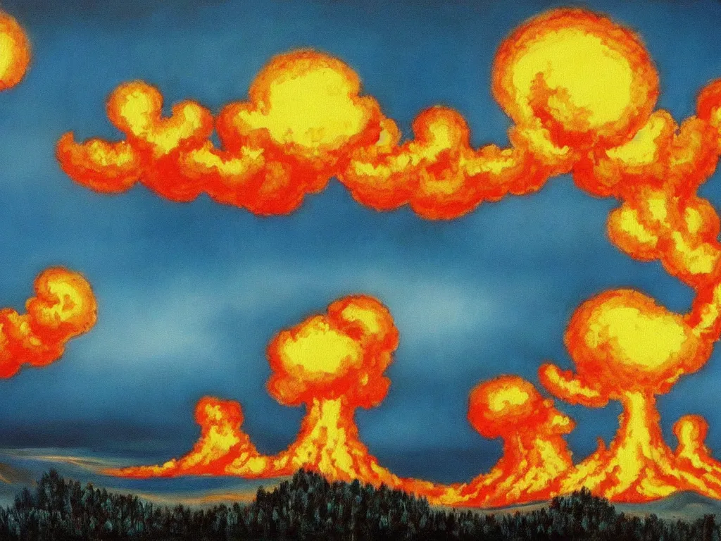 Image similar to bob ross painting of nuclear holocaust