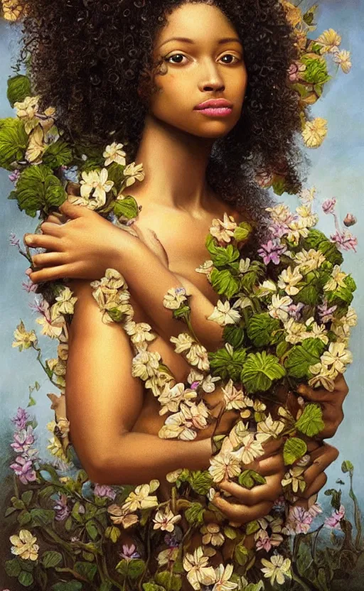 Prompt: surrealism, beautiful black woman with curly hair, holding flowers, hyper realism, muted colours, rococo, highly detailed, realistic, portrait