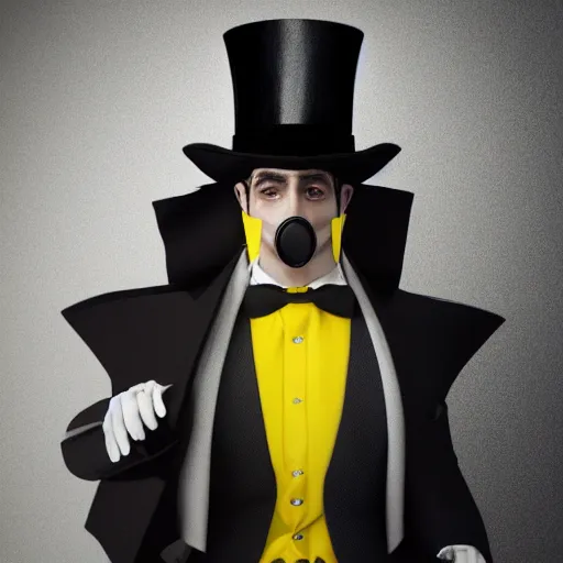 Image similar to a highly detailed portrait of a man in a high top hat covering his face, in a black tailcoat with a yellow waistcoat under the tailcoat, artstation, deviantart, professional, octane render, unreal engine 5