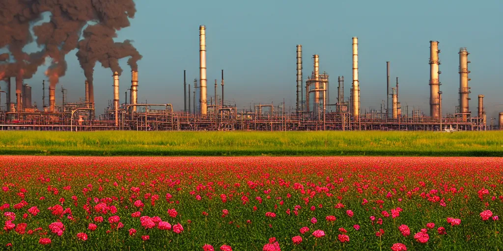 Image similar to a beautiful big field of rosses with in the background industry buildings with dirty smoke fire oil refinery, global illumination, by zeng fanzhi