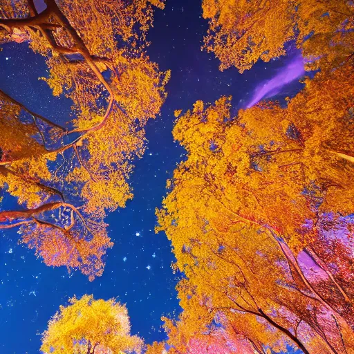 Image similar to peering upward toward a canopy of pink leaves against a starry night sky, realistic