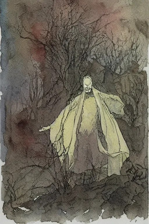 Prompt: a simple and atmospheric watercolour portrait of a ghost in a graveyard on halloween night, very muted colors, by rebecca guay, michael kaluta, charles vess and jean moebius giraud