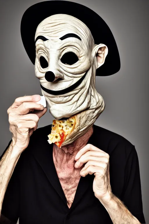 Image similar to portrait photo of an old wrinkled man, skinny face, bony face, long crooked nose, large gaping mouth, black pulcinella mask, masquerade mask, pointy conical hat, white wrinkled shirt, holding up a pizza, presenting a large pizza, close - up, skin blemishes, menacing, intimidating, masterpiece by lisa kristine