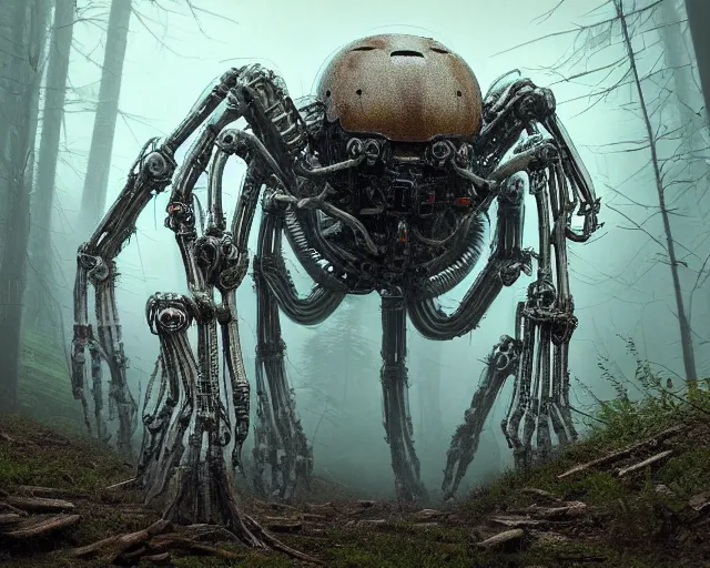 Prompt: photo of a giant huge white terminator spider with heavy duty biomechanical hydraulic cybernetic body with antennas and visor cogs and gears and components in the forest. cyberpunk horror style. highly detailed 8 k. intricate. nikon d 8 5 0 5 5 mm. award winning photography. art by zdzislaw beksinski