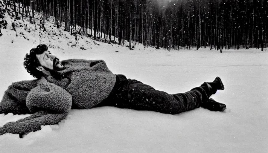 Image similar to 1 9 6 0 s movie still close up of marcus aurelius ill frozen lay on the snow by the side of a river with gravel, pine forests, cinestill 8 0 0 t 3 5 mm b & w, high quality, heavy grain, high detail, texture, dramatic light, anamorphic, hyperrealistic, detailed hair, foggy