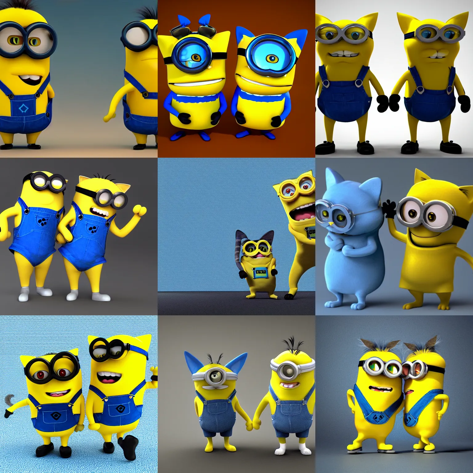 Prompt: a pair of blue cat minions, yellow overalls, 3 d animation, cat characters