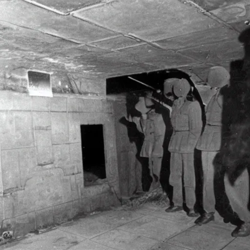 Prompt: nightmare surveillance footage scary underground nazi lair 1 9 4 0's unreleased actual photo