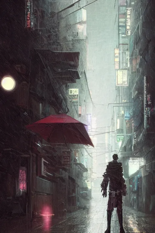 Prompt: a cyberpunk samurai in a raining cobblestone alleyway in tokyo, neon lights, full moon, fog cinematic greg rutkowski anime art hunter x hunter togashi