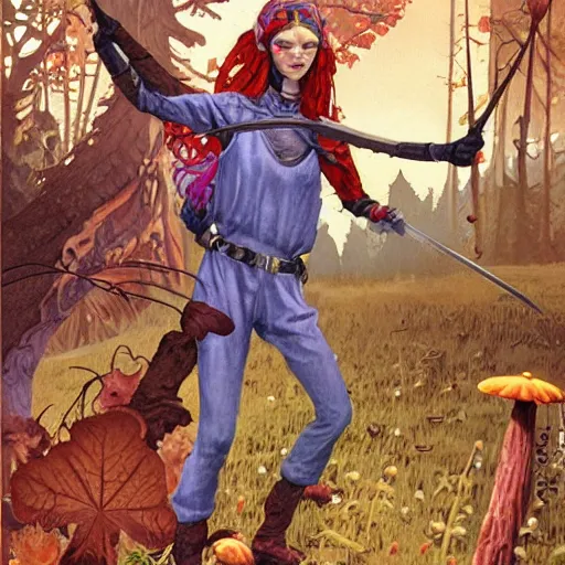 Image similar to moonshine cybin, epic level dnd wood elf spore druidess, wielding a magical sword, wearing magical overalls. covered in various fungi. full character concept art, realistic, high detail digital gouache painting by angus mcbride and michael whelan and jeffrey jones