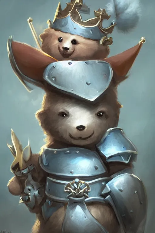 Image similar to cute little anthropomorphic bear knight wearing a cape and a crown, tiny, small, miniature bear, baby animal, short, pale blue armor, cute and adorable, pretty, beautiful, DnD character art portrait, matte fantasy painting, DeviantArt Artstation, by Jason Felix by Steve Argyle by Tyler Jacobson by Peter Mohrbacher, cinematic lighting