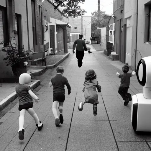 Image similar to in the style of 1960s, A scary robot is chasing after a couple of kids down the ally