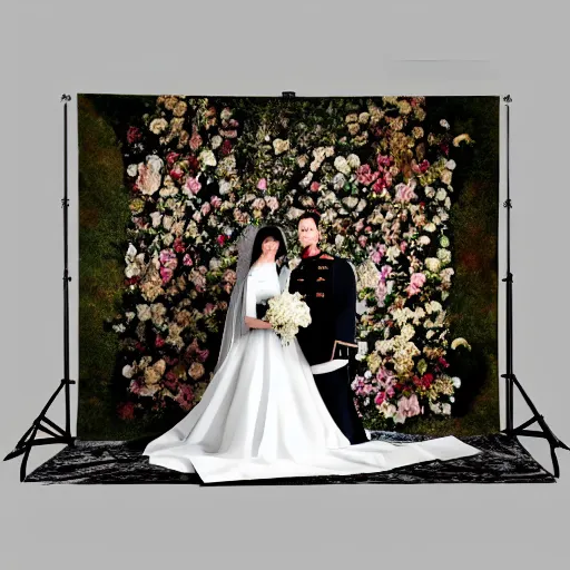 Image similar to A wide full shot, colored black and white Russian and Japanese mix historical fantasy a photograph portrait taken of inside the royal wedding floral covered venue inspired by a enchanted ethereal forest, photographic portrait, warm lighting, 1907 photo from the official wedding photographer for the royal wedding. ultra realistic, photorealistic, octane render, ray cinematic.