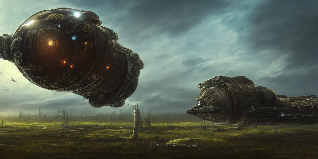 Prompt: steampunk spaceship hovering over fields and small houses, science fiction digital art, award winning, trending on artstation, digital art. highly detailed 8 k. intricate. lifelike.