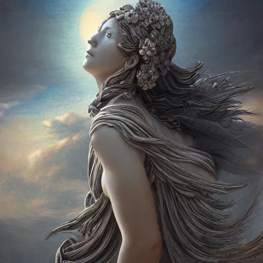 Prompt: A digital masterpiece illustration concept art of a giant statue of a very beautiful Greek Goddess with its top in the heaven, beautiful eyes, symmetrical face, symmetrical body, taiga landscape + inspired art by by WLOP + Extremely detailed and intricate complexity + epic composition, magical atmosphere, cinematic lighting + wide long shot, wide angle + trending on artstation + 8k