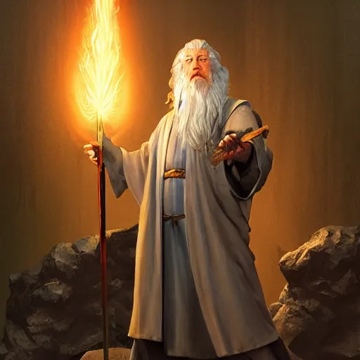 Image similar to Gandalf in the ruins of the temple of old gods holding a torch, featured on artstation, cinematic chiaroscuro, digital art by Leyendecker and Norman Rockwell