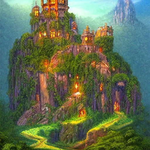 Image similar to rainforest castle on the mountain of magic, artstation, digital art, Darrell K Sweet