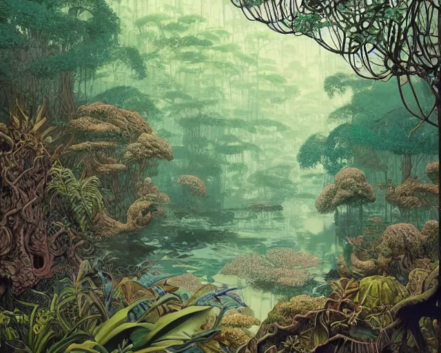 Prompt: a painting of a jungle river in a forest, a photorealistic painting by james jean, behance contest winner, fantasy art, made of vines, concept art, 2 d game art by victo ngai, geof darrow, peter mohrbacher, johfra bosschart, miho hirano