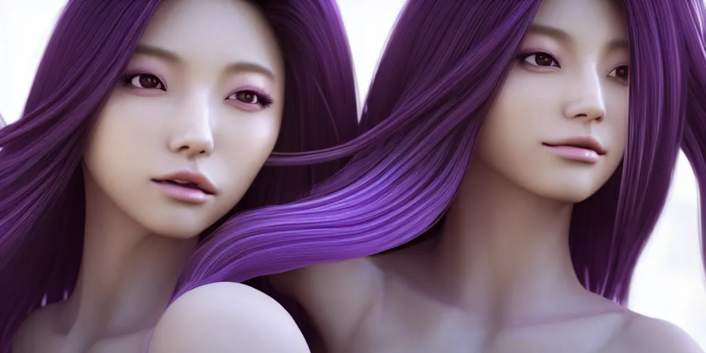 Image similar to woman with flowing long purple realistic hair like from a shampoo commercial side profile with hair flip, tzuyu from twice, in the style of wlop, artgerm, yasutomo oka, yuumei, rendered in unreal engine and redshift octane, digital art dynamic dramatic lighting, bokeh, imagine fx, artstation, cgsociety, zbrush central,