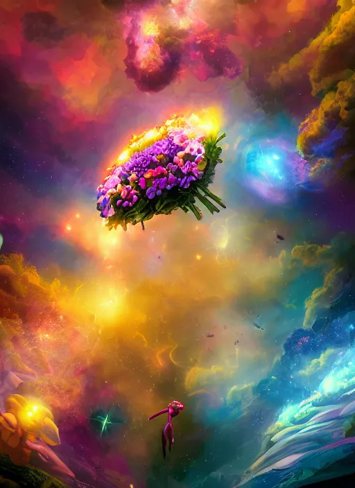 Image similar to An epic fantastic realism comic book style painting of the most beautiful flowers launched into space, bouquets, glorious galactic collision, sharp focus, fisheye, unreal 5, DAZ, hyperrealistic, octane render, dynamic lighting