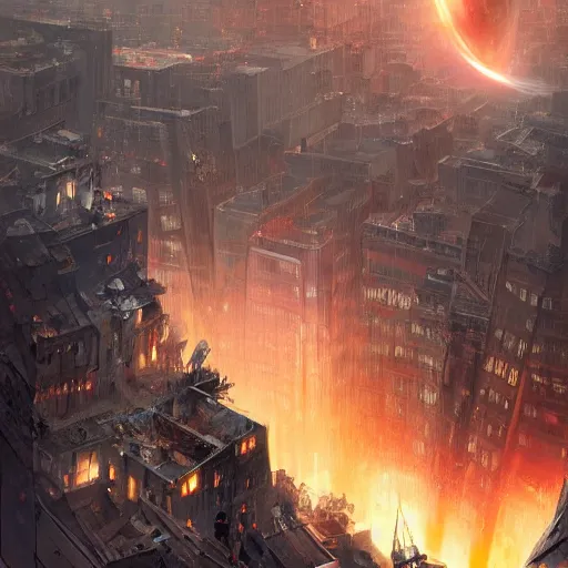 Image similar to black hole rising above city, city destroyed by shockwave, black hole with accretion disс, digital art, art by stefan koidl, brock hofer, marc simonetti