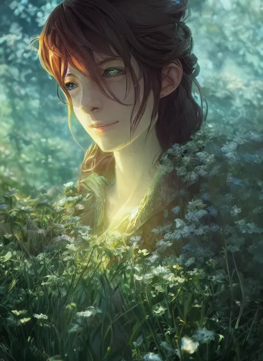 Prompt: a portrait of the emerald herald in the garden, intricate, tone mapped, ambient lighting, highly detailed, digital painting, artstation, concept art, sharp focus, by makoto shinkai and akihiko yoshida and hidari and wlop