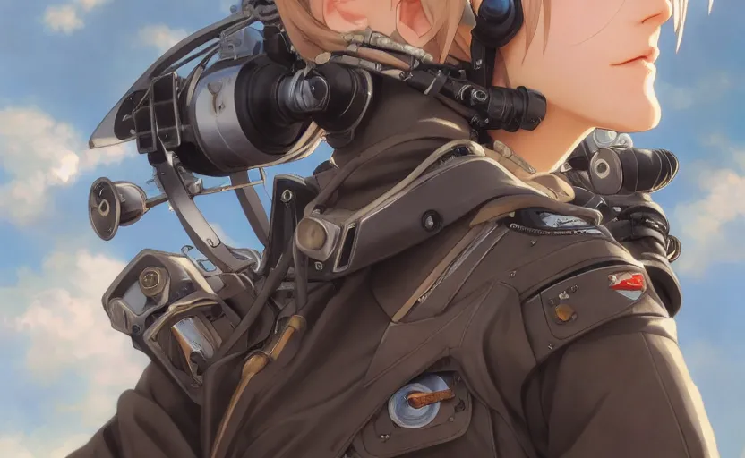 Image similar to pilot girl, cyborg aircraft parts, anime style, vintage pilot clothing, shoulder eyes, last exile anime, hair down, symmetrical facial features, from arknights, hyper realistic, 4 k, rule of thirds, extreme detail, detailed drawing, trending artstation, realistic lighting, by alphonse mucha, greg rutkowski, short neck