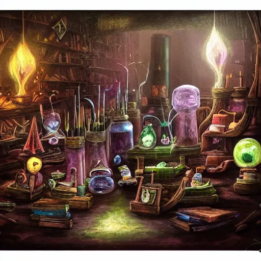 Image similar to dark mysterious scene of these monsters are consumed by fire, yet they remain unharmed. they are surrounded by the tools of the alchemist's trade - beakers and test tubes full of colorful liquids, crystals, and books of ancient knowledge. the scene is suffused with an eerie glow, as if something magical is happening here.