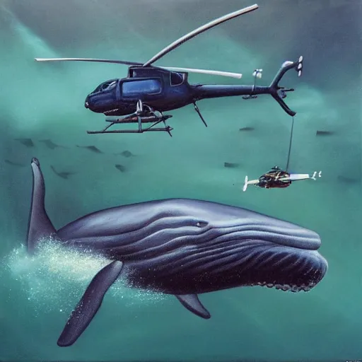 Image similar to an modern hyperrealistic painting of helicopters flying underwater around a big whale