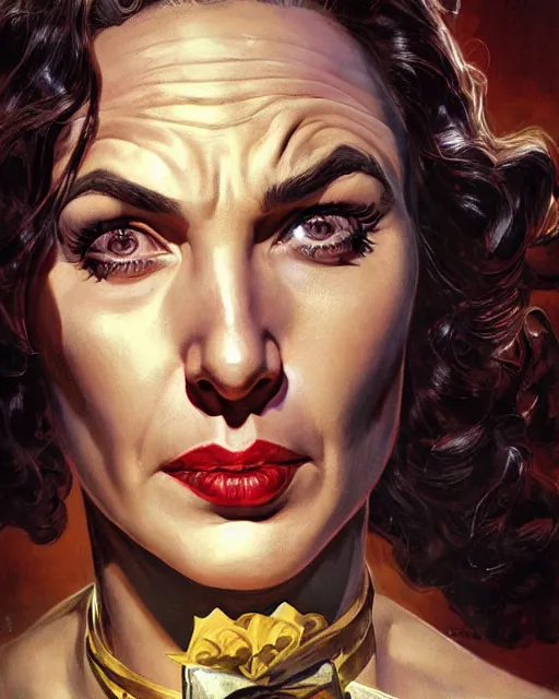 Prompt: Portrait of gal gadot as a wicked 100 year old witch, old wrinkled gal gadot by Gil Elvgren, Julie Bell, krenz cushart, Greg Hildebrandt and Randolph Stanley Hewton, glowing eyes, sad, masterpiece