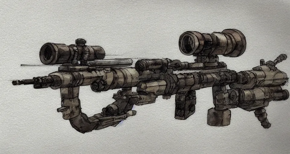 Image similar to concept art of a sniper rifle in futuristic, fantasy, steampunk, pinterest, artstation trending, behance, watercolor, by coby whitmore, silver, laser light,