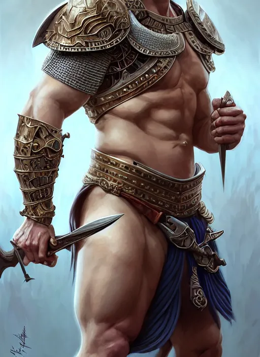 Image similar to symmetry! portrait of barbarian, short blond hair, d & d, muscular!! angry, armour, fantasy, intricate, elegant, highly detailed, digital painting, artstation, concept art, smooth, sharp focus, illustration, art by artgerm and greg rutkowski and alphonse mucha