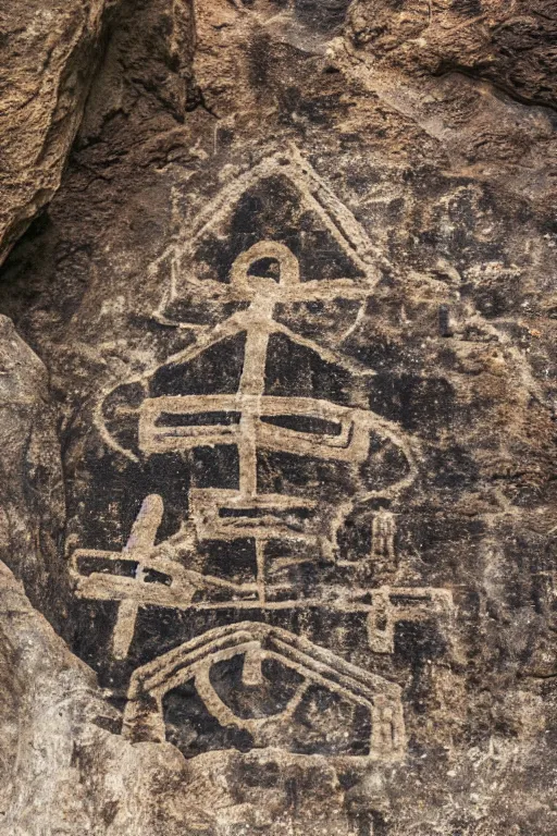 Image similar to 4 k photography of petroglyphs representing crosses, ufo, wifi symbol on a cave