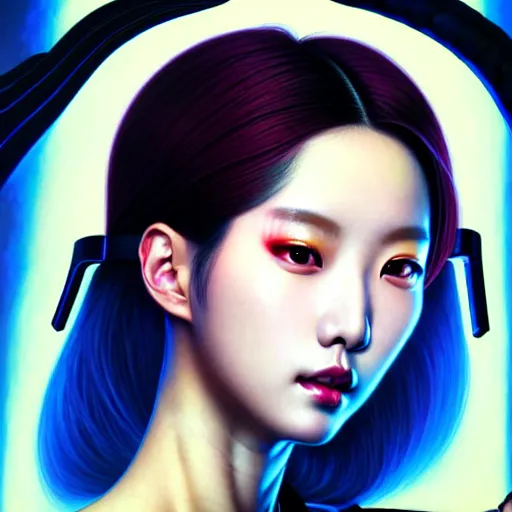 Prompt: portrait painting of kpop artist sunmi as a cyberpunk technician, ultra realistic, concept art, intricate details, eerie, highly detailed, photorealistic, octane render, 8 k, unreal engine. art by artgerm and greg rutkowski and magali villeneuve and alphonse mucha