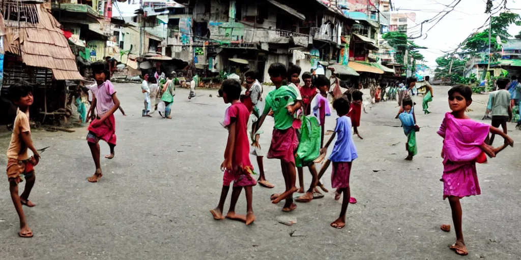 Prompt: sri lankan kids playing in colombo sri lanka city, drawn by hayao miyazaki