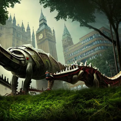 Prompt: overgrown london taken over by robot dinosaurs, highly detailed, 4k, HDR, award-winning, artstation, octane render