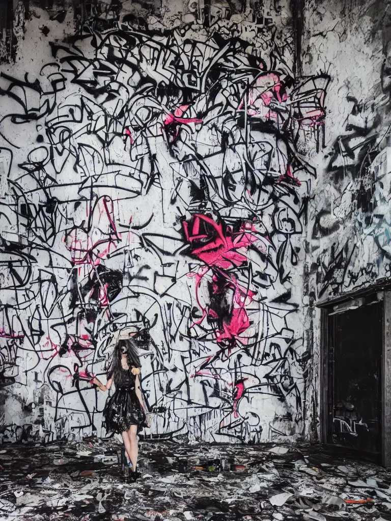 Prompt: graffiti in an abandoned overgrown warehouse, cute fumo plush gothic black enigmatic maiden girl painted in spilt ink and washed watercolor, avant garde pop art, captured on canon eos r 6