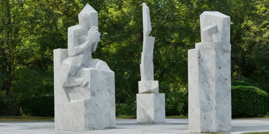 Image similar to a city park abstract statue, carved in marble, photorealistic