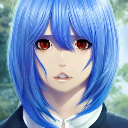 Image similar to profile shot of rimuru tempest averting his gaze, sky blue hair, straight hair, pretty, long bangs, golden eyes, black jacket with white stripes, a high frilly collar | highly detailed, unreal engine 5, digital painting, concept art, cinematic, wlop | artgerm, pixiv, ilya kuvshinov, andy warhol