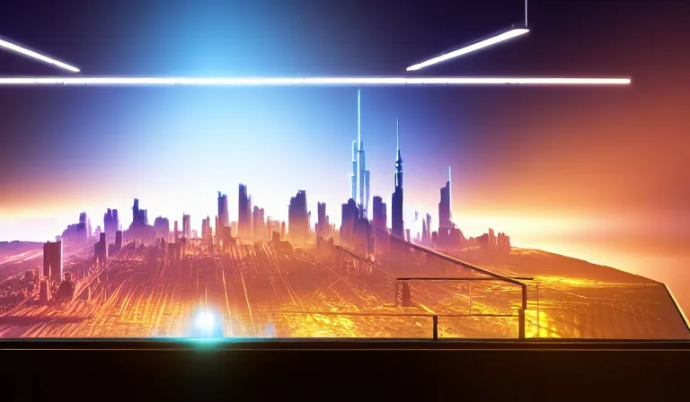 Image similar to crowd of people in simple warehouse, looking at hologram of futuristic city on a table, cinematic concept art, godrays, golden hour, natural sunlight, 4 k, clear details, tabletop model buildings, center model buildings, hologram center, crane shot, crane shot, crane shot