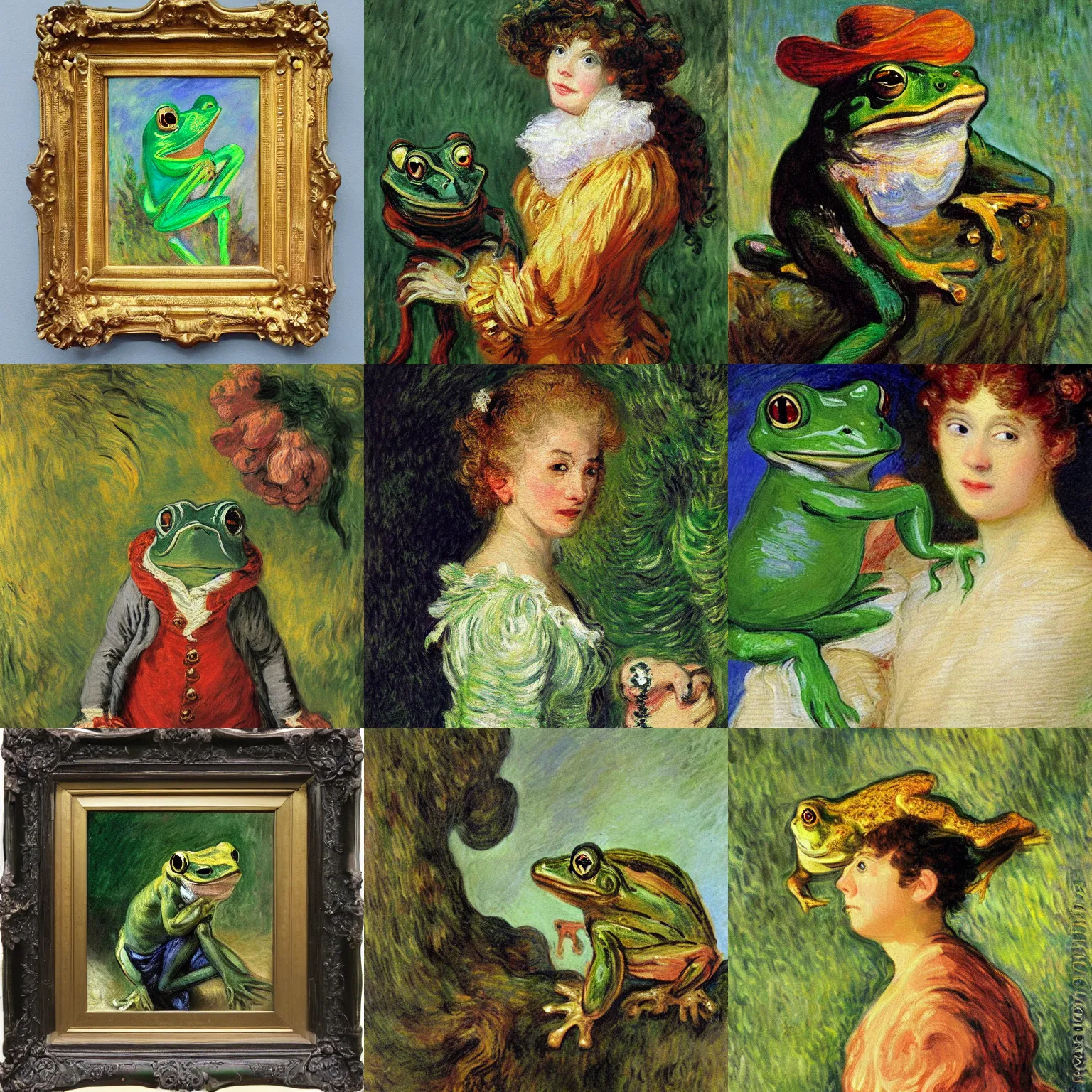 Prompt: portrait rococo painting of frog thief by monet