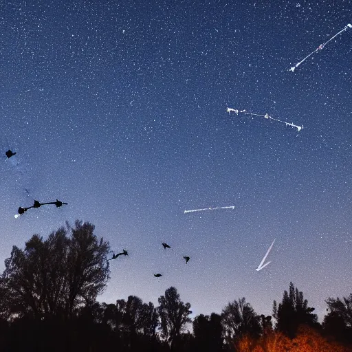 Image similar to Unidentified drones flying at night over trees, small town