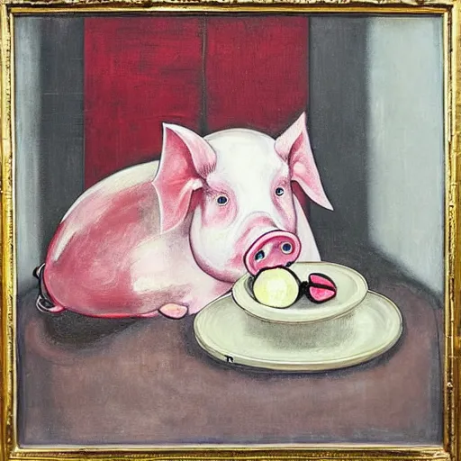 Image similar to “a portrait in an art student’s apartment, a feminine pig wearing white cotton stained with fresh juicy berries, pork, ikebana white flowers, white wax, squashed berries, acrylic and spray paint and oilstick on canvas, by munch and Dali”